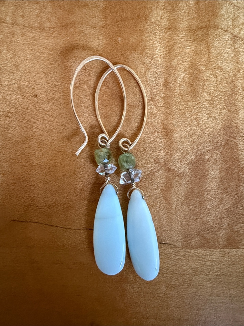 Handmade Gold-Tone Earrings with White Teardrop and Green Accent Beads